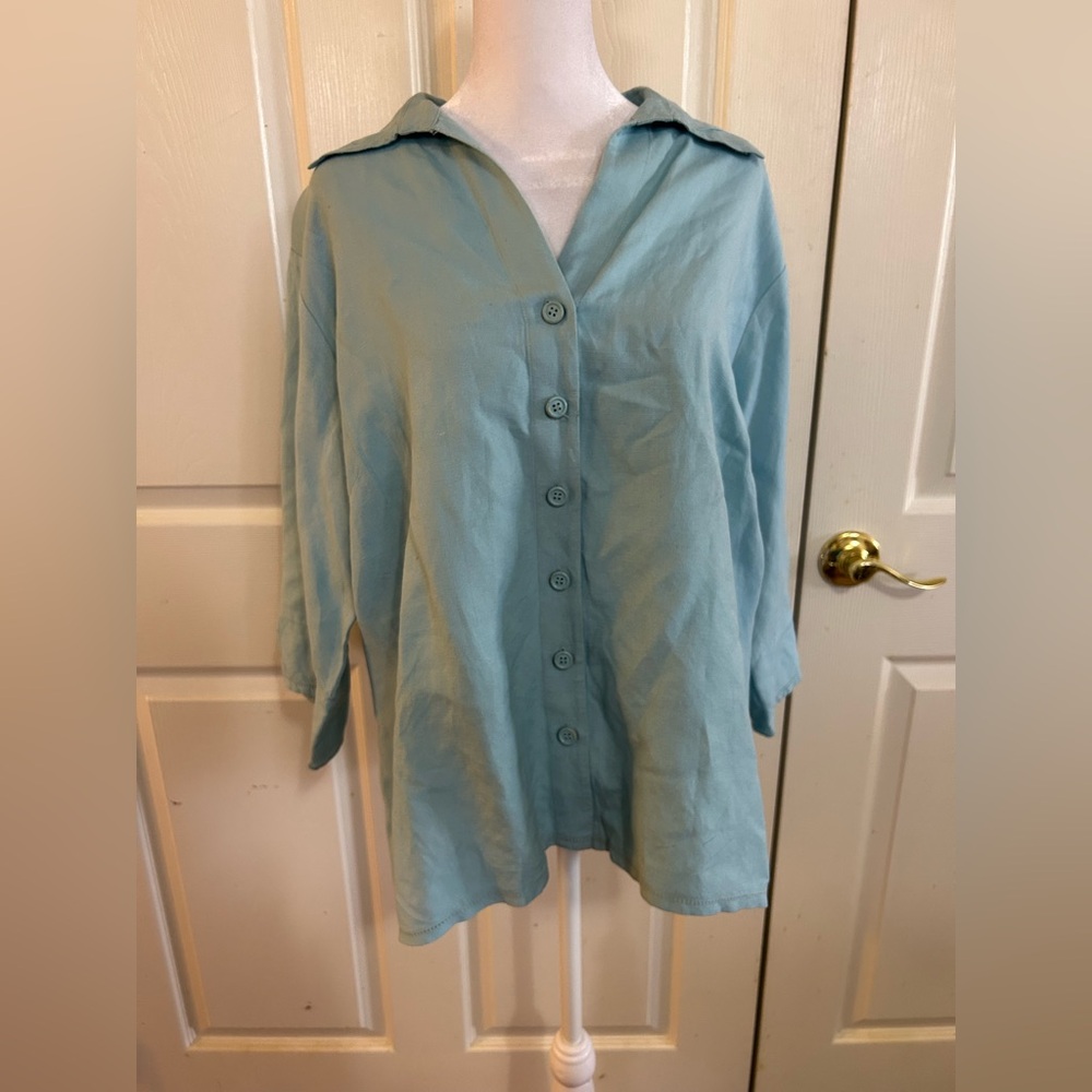 Ashley Stewart light blue linen blend top, size 16W